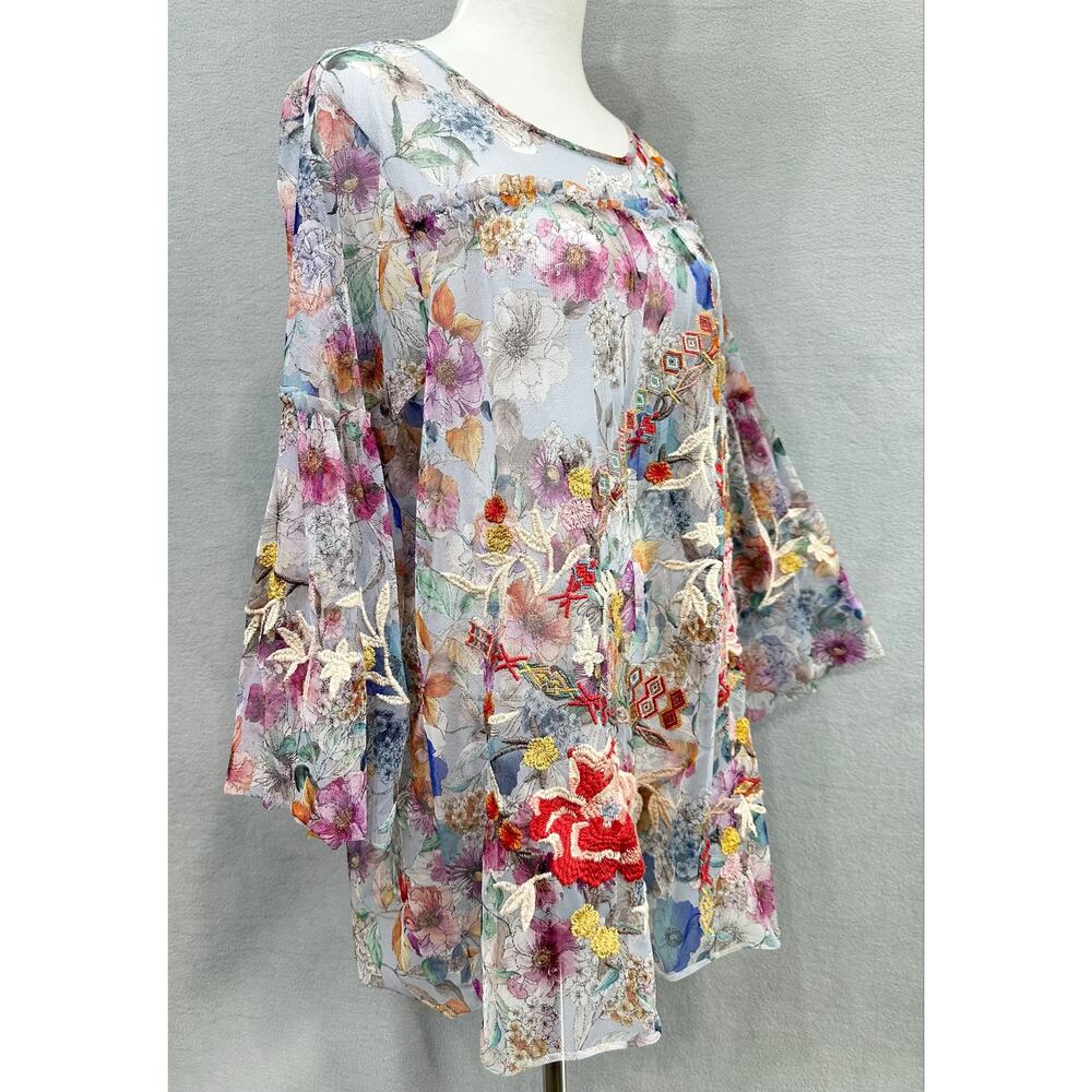 Johnny Was Biya Flora Dancer Mesh Top Floral Embroidered Blouse Medium - Picture 6 of 13